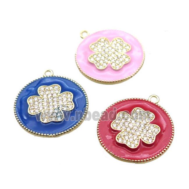 copper clover pendant pave zircon with enameling, mix color, gold plated