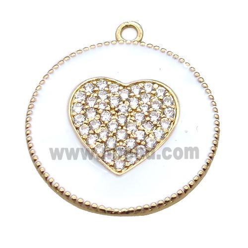 copper heart pendant pave zircon with white enameling, gold plated