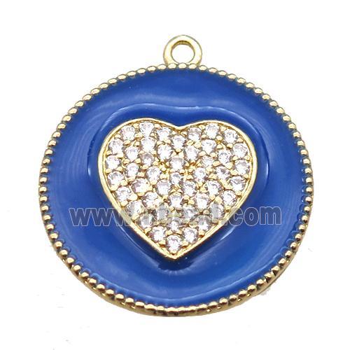 copper heart pendant pave zircon with blue enameling, gold plated
