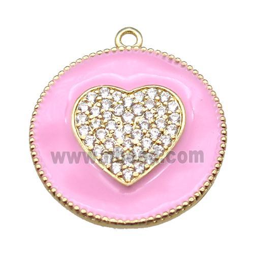 copper heart pendant pave zircon with pink enameling, gold plated