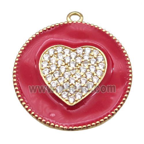 copper heart pendant pave zircon with red enameling, gold plated