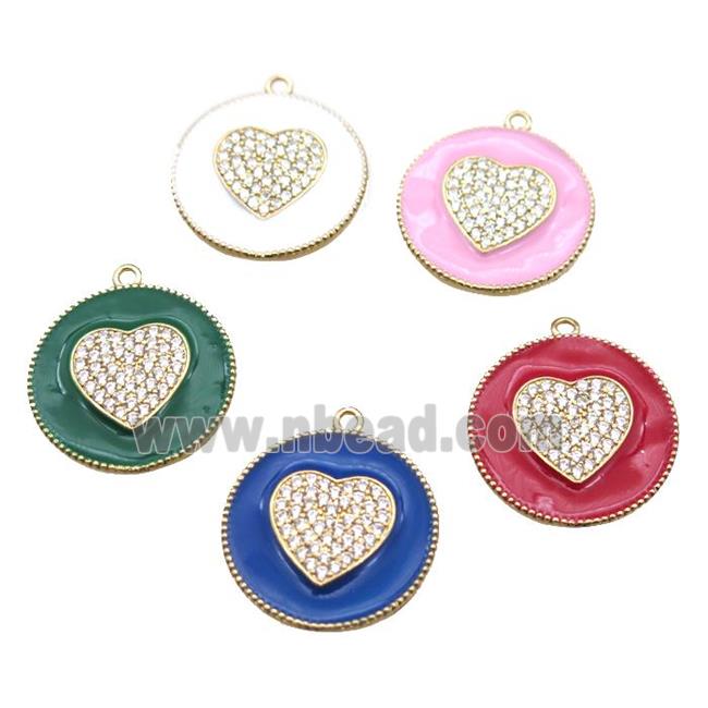 copper heart pendant pave zircon with enameling, mixed color, gold plated