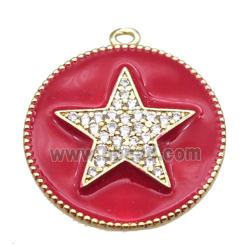 copper star pendant pave zircon with red enameling, gold plated
