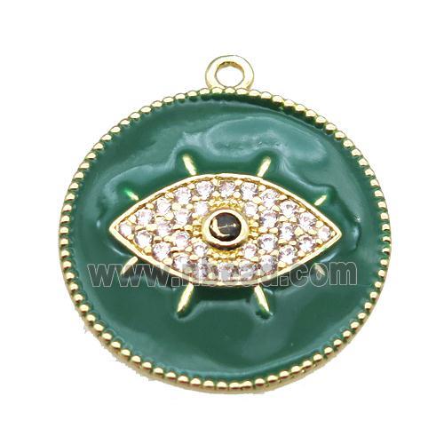 copper eye pendant pave zircon with green enameling, gold plated