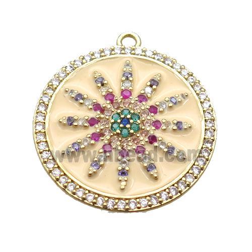 copper sunflower pendant pave zircon with enameling, gold plated