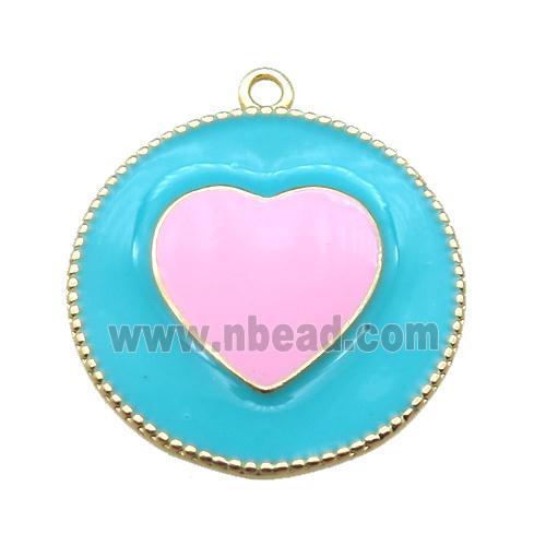 copper heart pendant with pink enameling, gold plated