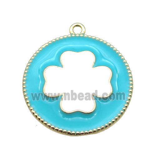 copper clover pendant with aqua enameling, gold plated