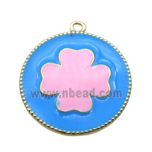 copper clover pendant with pink enameling, gold plated