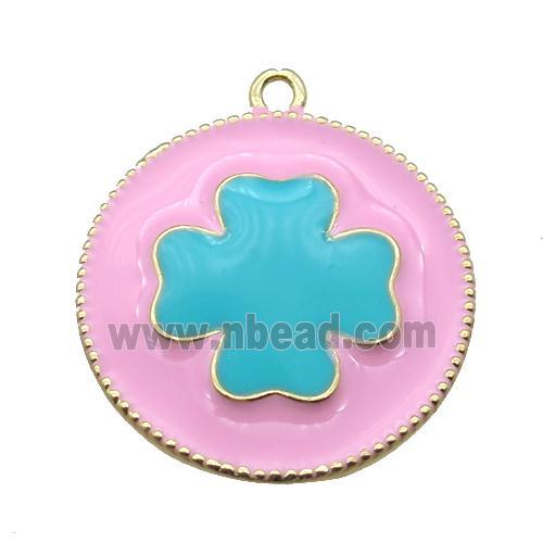 copper clover pendant with pink enameling, gold plated