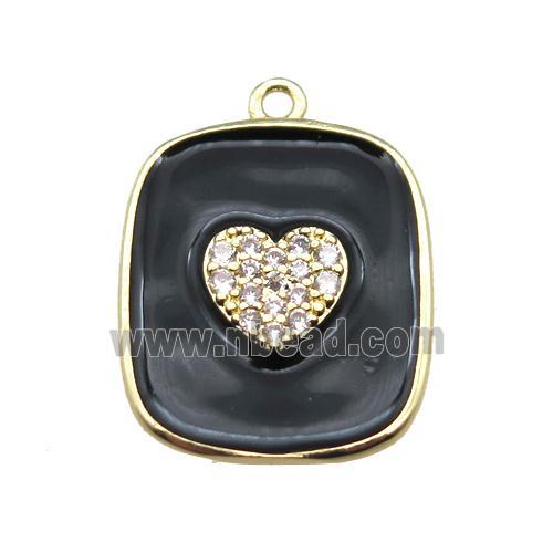 copper heart pendant pave zircon with black enameling, gold plated