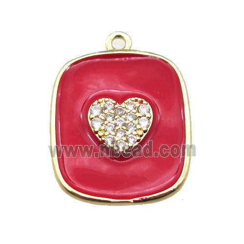 copper heart pendant pave zircon with red enameling, gold plated