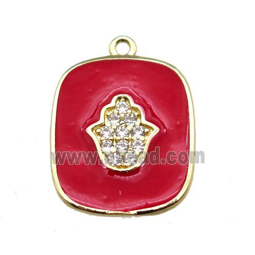 copper hamsahand pendant pave zircon with red enameling, gold plated