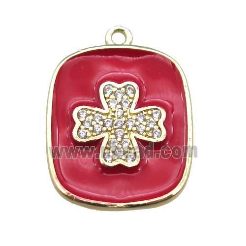 copper clover pendant pave zircon with red enameling, gold plated