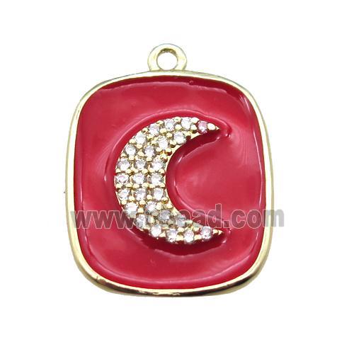 copper moon pendant pave zircon with red enameling, gold plated