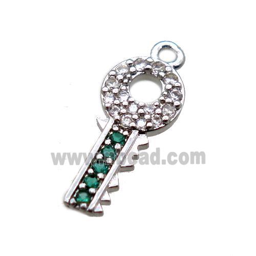 copper key pendant paved zircon, platinum plated