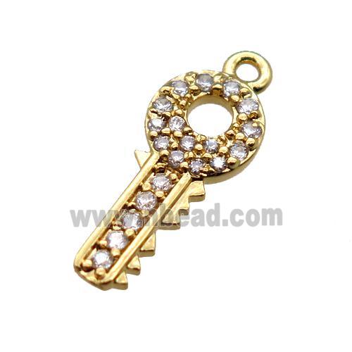 copper key pendant paved zircon, gold plated