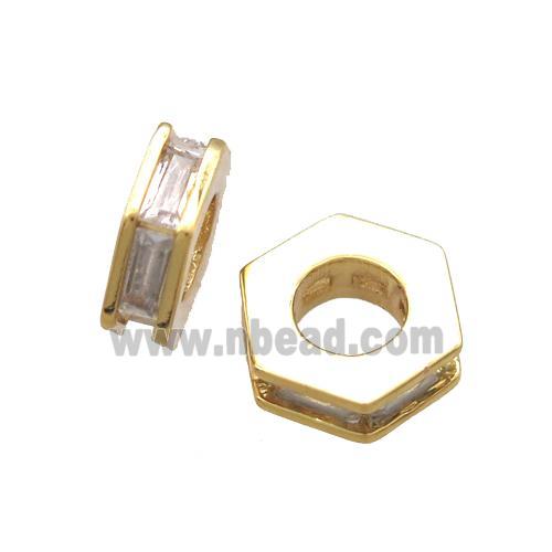copper hexagon beads paved zircon, gold plated