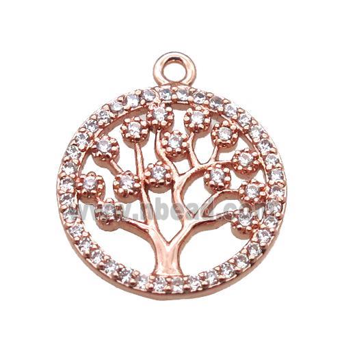 copper pendant paved zircon, tree of life, rose gold