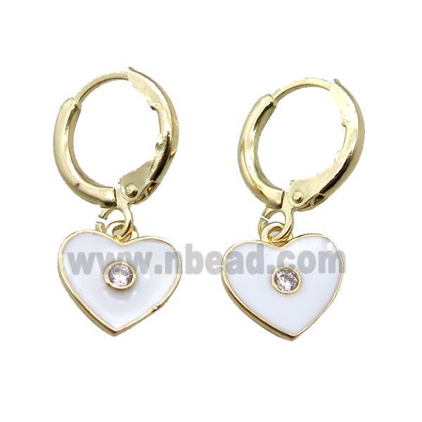 copper Hoop Earrings paved zircon, white enameling heart, gold plated