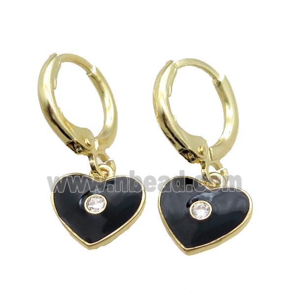 copper Hoop Earrings paved zircon, black enameling heart, gold plated