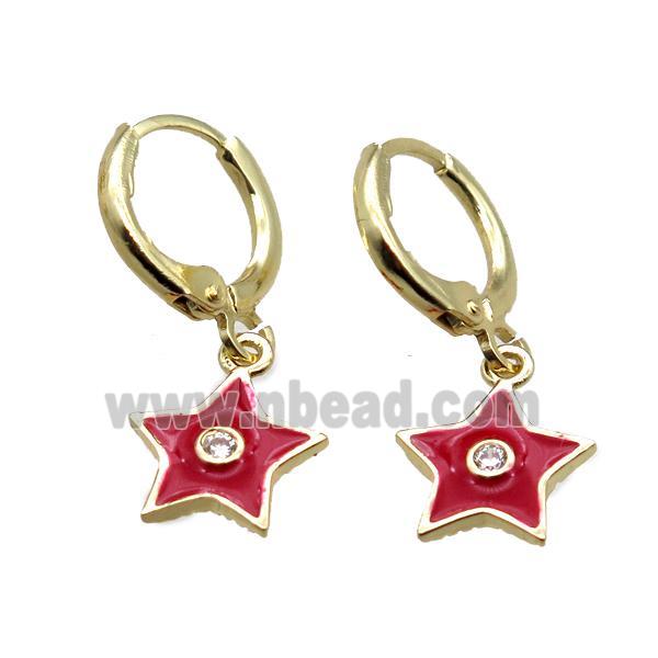 copper Hoop Earrings paved zircon, red enameling star, gold plated