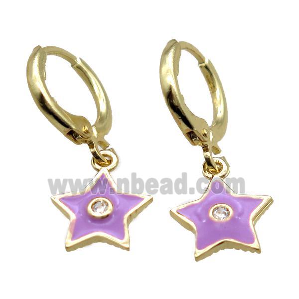 copper huggie Hoop Earrings paved zircon, lavender enameling star, gold plated