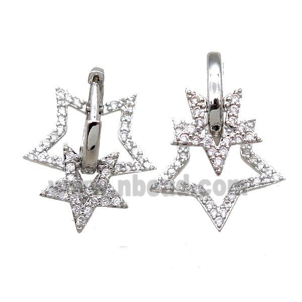 copper Hoop Earrings paved zircon, star, platinum plated