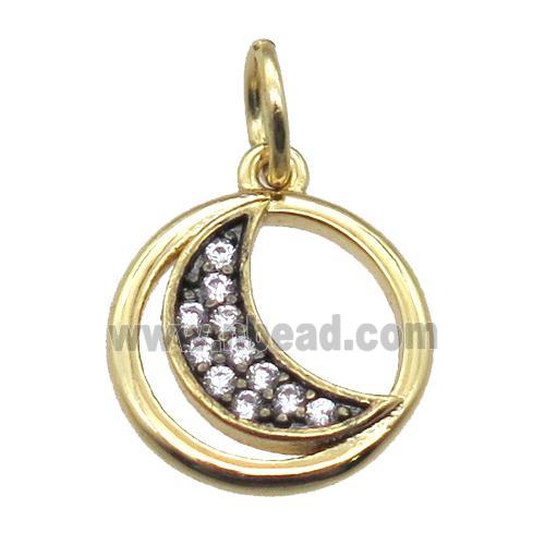 copper circle moon pendant paved zircon, gold plated