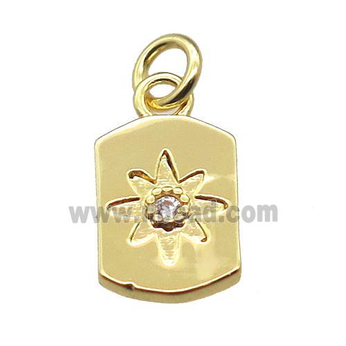 copper rectangle pendant paved zircon with flower, gold plated