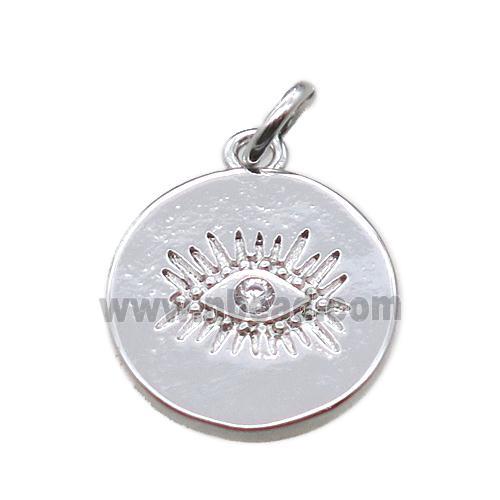 copper circle pendant paved zircon with eye, platinum plated