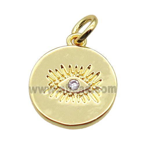 copper circle pendant paved zircon with eye, gold plated