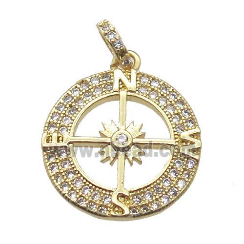 copper circle compass pendant paved zircon, gold plated