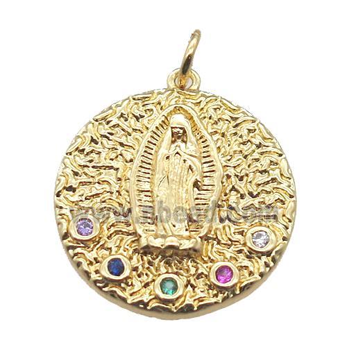 copper circle pendant paved zircon with Virgin Mary, gold plated