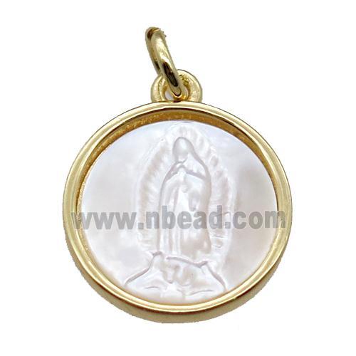 copper circle pendant with shell virgin mary, gold plated