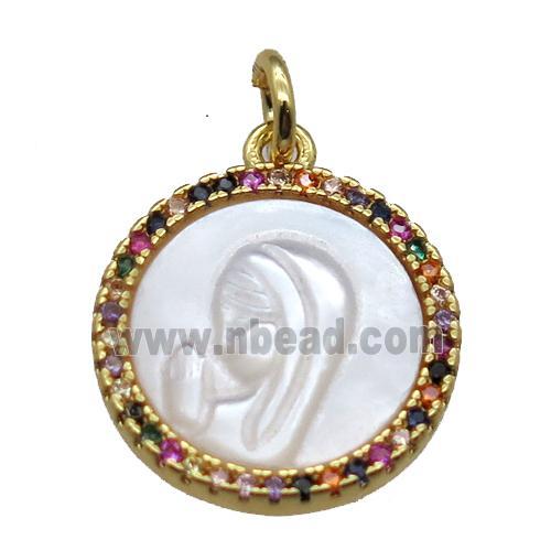 copper circle pendant pave zircon with shell virgin mary, gold plated