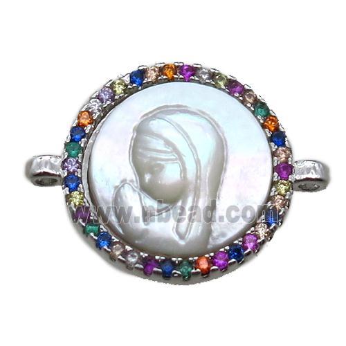 copper circle conector pave zircon with shell virgin mary, platinum plated