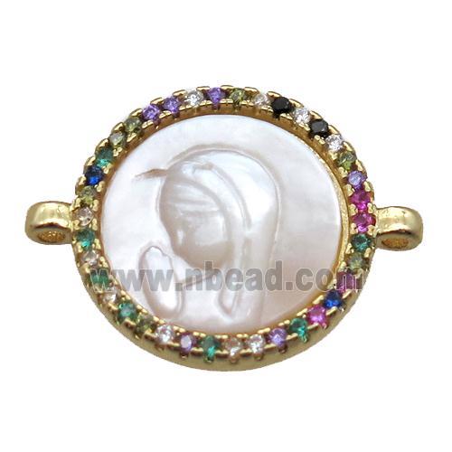 copper circle conector pave zircon with shell virgin mary, gold plated