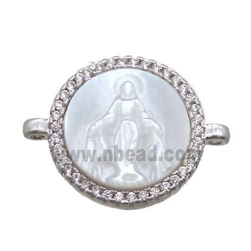 copper circle conector pave zircon with shell virgin mary, platinum plated