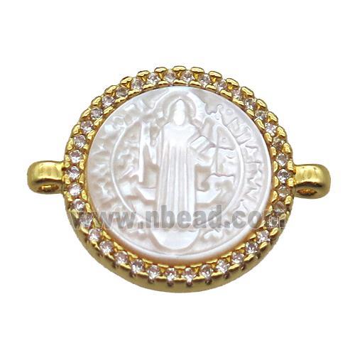 copper circle conector pave zircon with shell virgin mary, gold plated