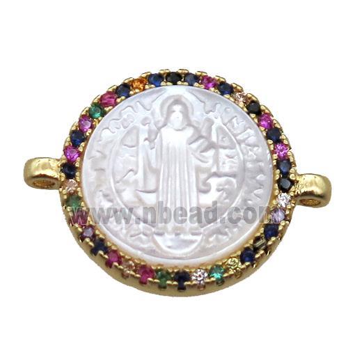 copper circle connector pave zircon with shell virgin mary, gold plated