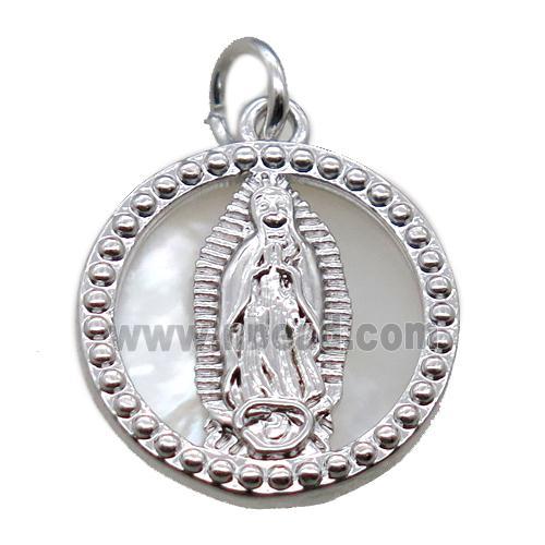 copper circle pendant with shell virgin mary, platinum plated
