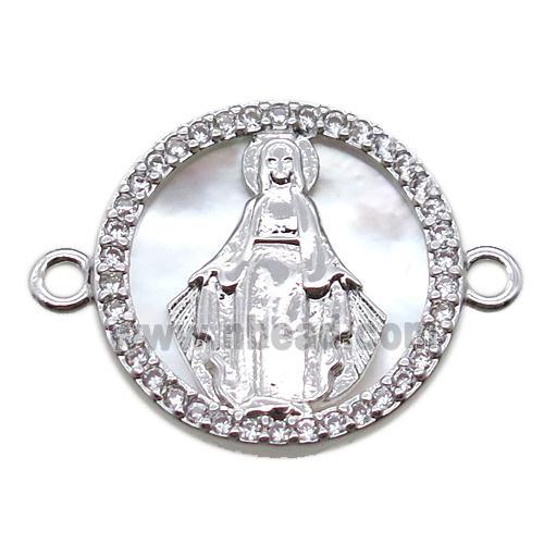 copper circle connector pave zircon with shell virgin mary, platinum plated
