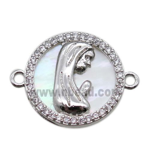 copper circle connector pave zircon with shell virgin mary, platinum plated