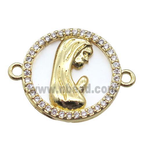 copper circle connector pave zircon with shell virgin mary, gold plated