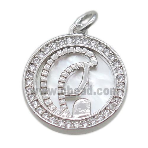 copper circle pendant pave zircon with shell virgin mary, platinum plated
