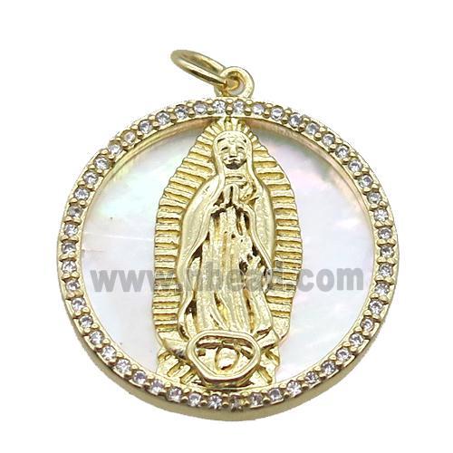 copper circle pendant pave zircon with shell virgin mary, gold plated