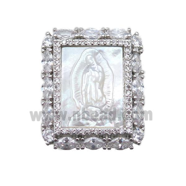 copper rectangle pendant pave zircon with shell virgin mary, platinum plated