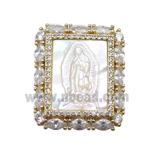 copper rectangle pendant pave zircon with shell virgin mary, gold plated