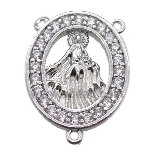 copper oval hanger bail pave zircon with shell virgin mary, platinum plated