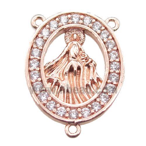 copper oval hanger bail pave zircon with shell virgin mary, rose gold